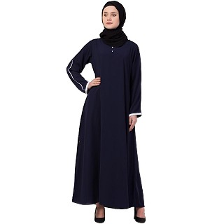 A-line abaya with piping at sleeves-Navy-blue-white